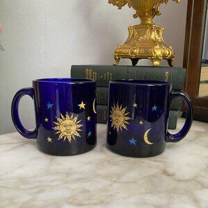 Vintage 90s Whimsigoth Libbey Celestial Sun Moon Stars Cobalt Blue Glass 2 Mugs